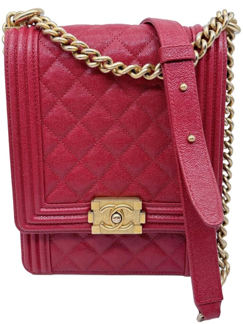 Chanel  Boy Flap North South Quilted Caviar Leather Crossbody Bag Red